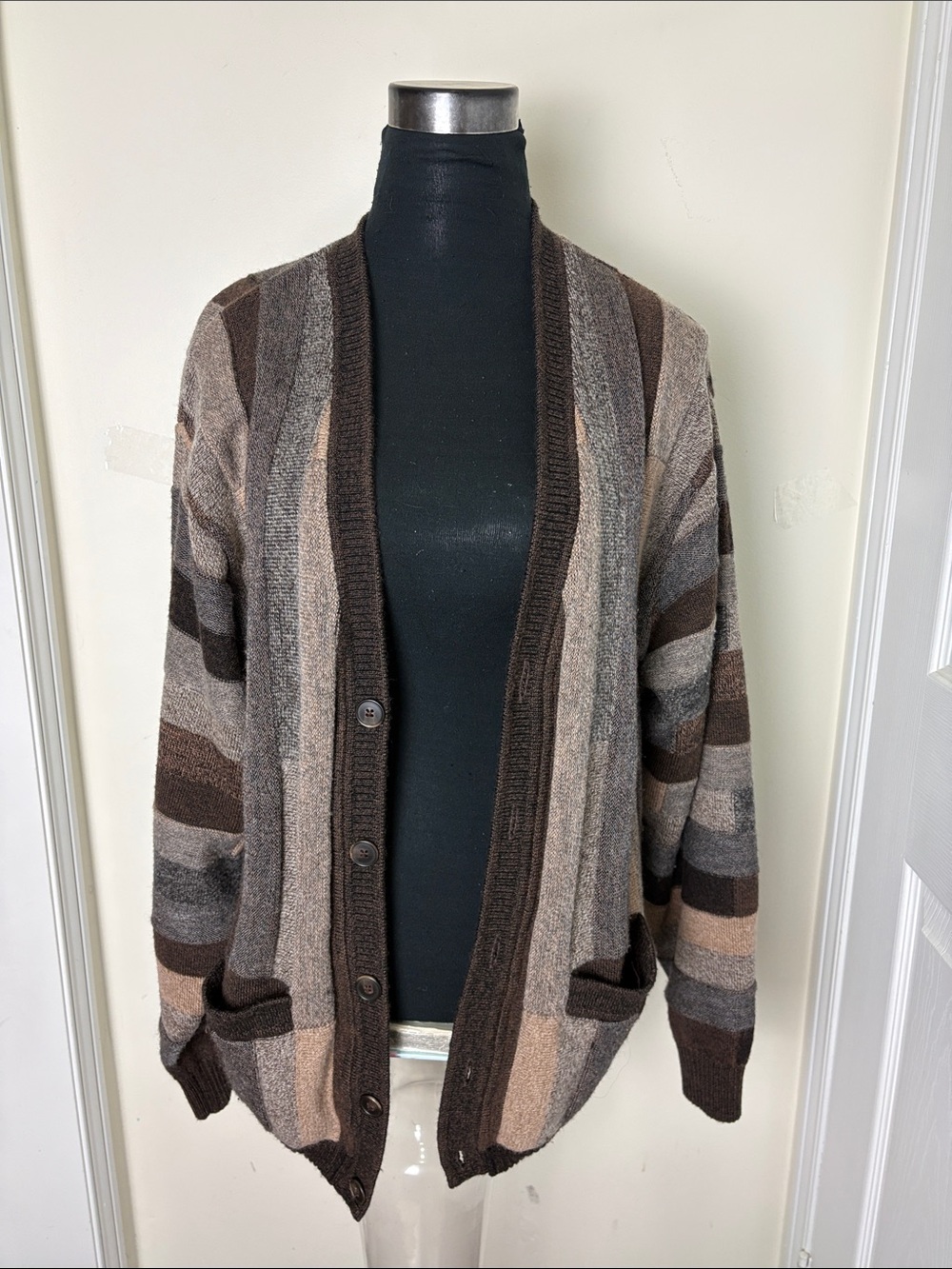 Vintage Cozy Striped Button-Front Cardigan Sweater - Brown Multi